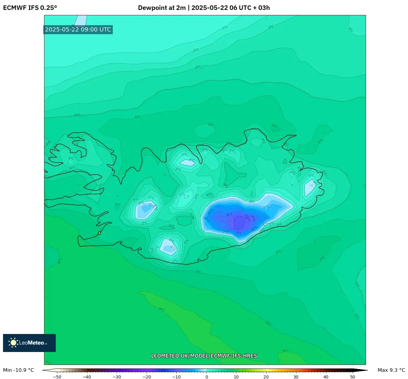 ECMWF IFS 0.25° model - Iceland, Dewpoint at 2m ECMWF IFS 0.25° model - Iceland, Dewpoint at 2m