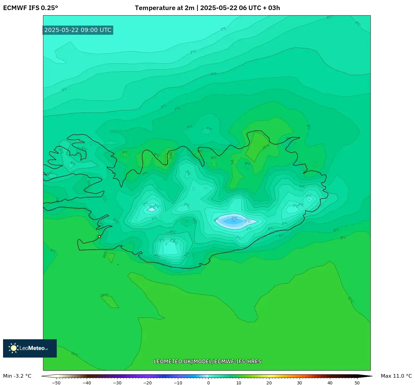 ECMWF IFS 0.25° model - Iceland, Temperature at 2m ECMWF IFS 0.25° model - Iceland, Temperature at 2m