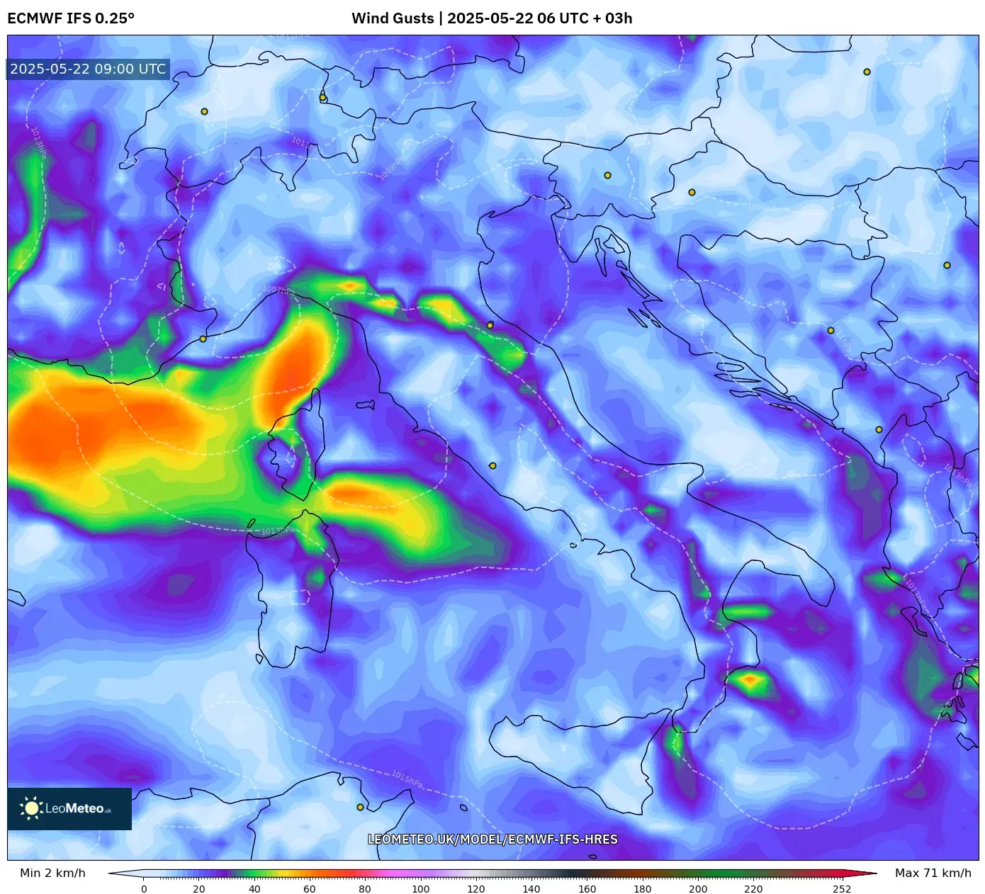 ECMWF IFS 0.25° model - Italy, Wind Gusts ECMWF IFS 0.25° model - Italy, Wind Gusts