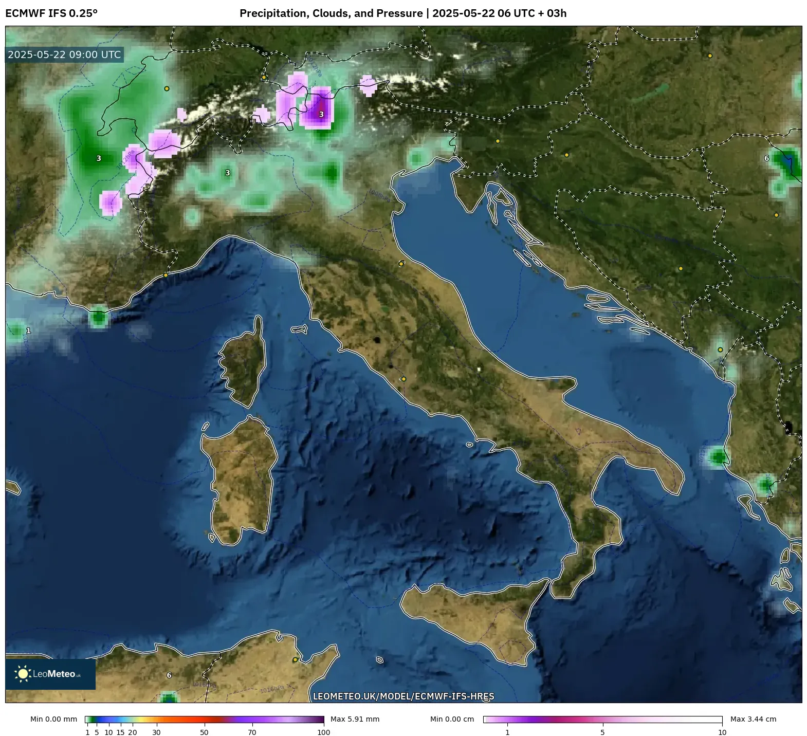 ECMWF IFS 0.25° model - Italy, Precipitation, Clouds, and Pressure ECMWF IFS 0.25° model - Italy, Precipitation, Clouds, and Pressure