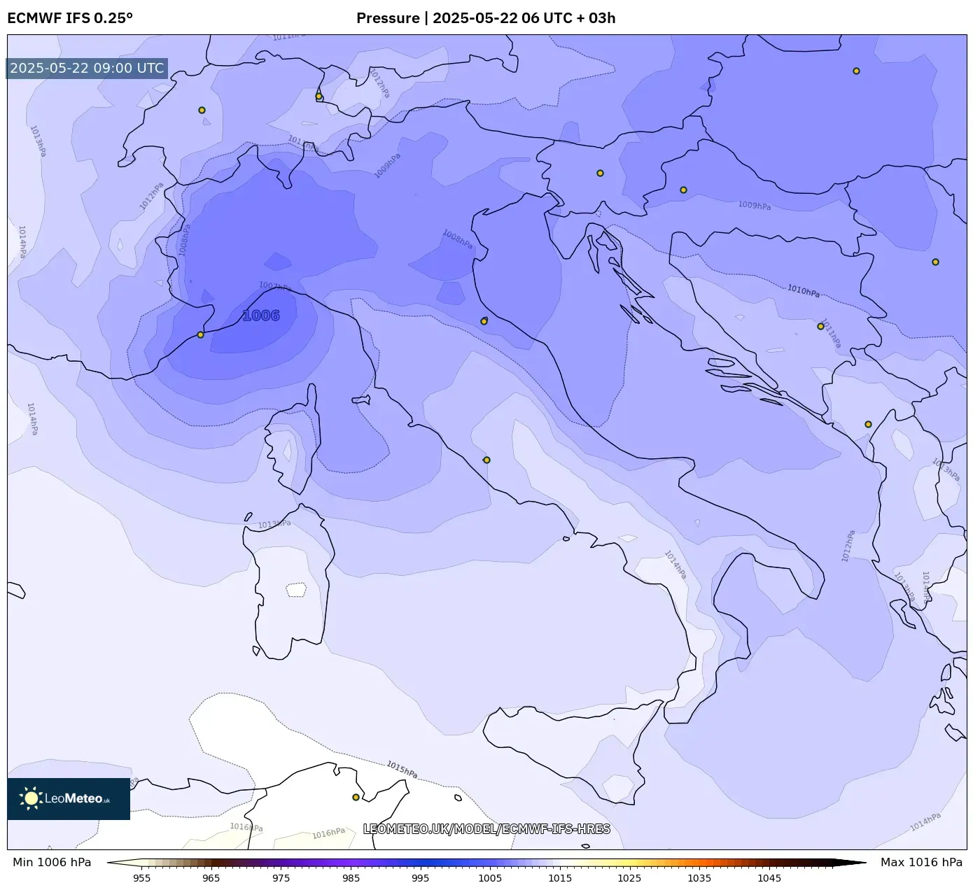 ECMWF IFS 0.25° model - Italy, Pressure ECMWF IFS 0.25° model - Italy, Pressure