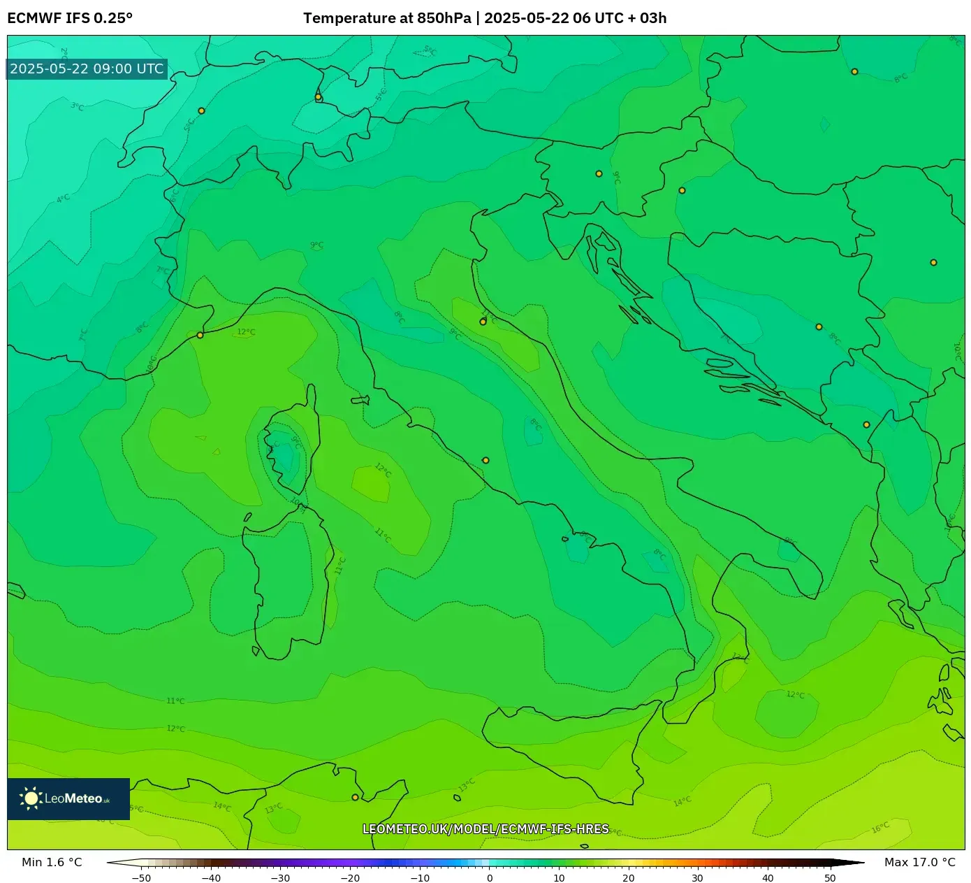 ECMWF IFS 0.25° model - Italy, Temperature at 850hPa ECMWF IFS 0.25° model - Italy, Temperature at 850hPa