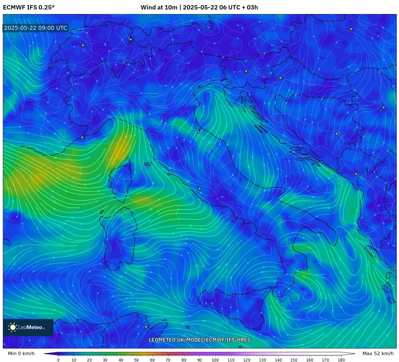 ECMWF IFS 0.25° model - Italy, Wind at 10m ECMWF IFS 0.25° model - Italy, Wind at 10m