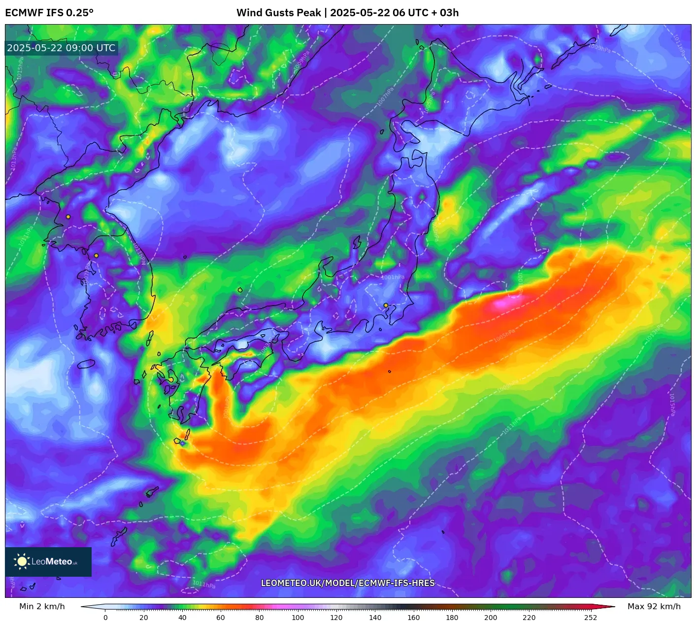 ECMWF IFS 0.25° model - Japan, Wind Gusts Peak ECMWF IFS 0.25° model - Japan, Wind Gusts Peak