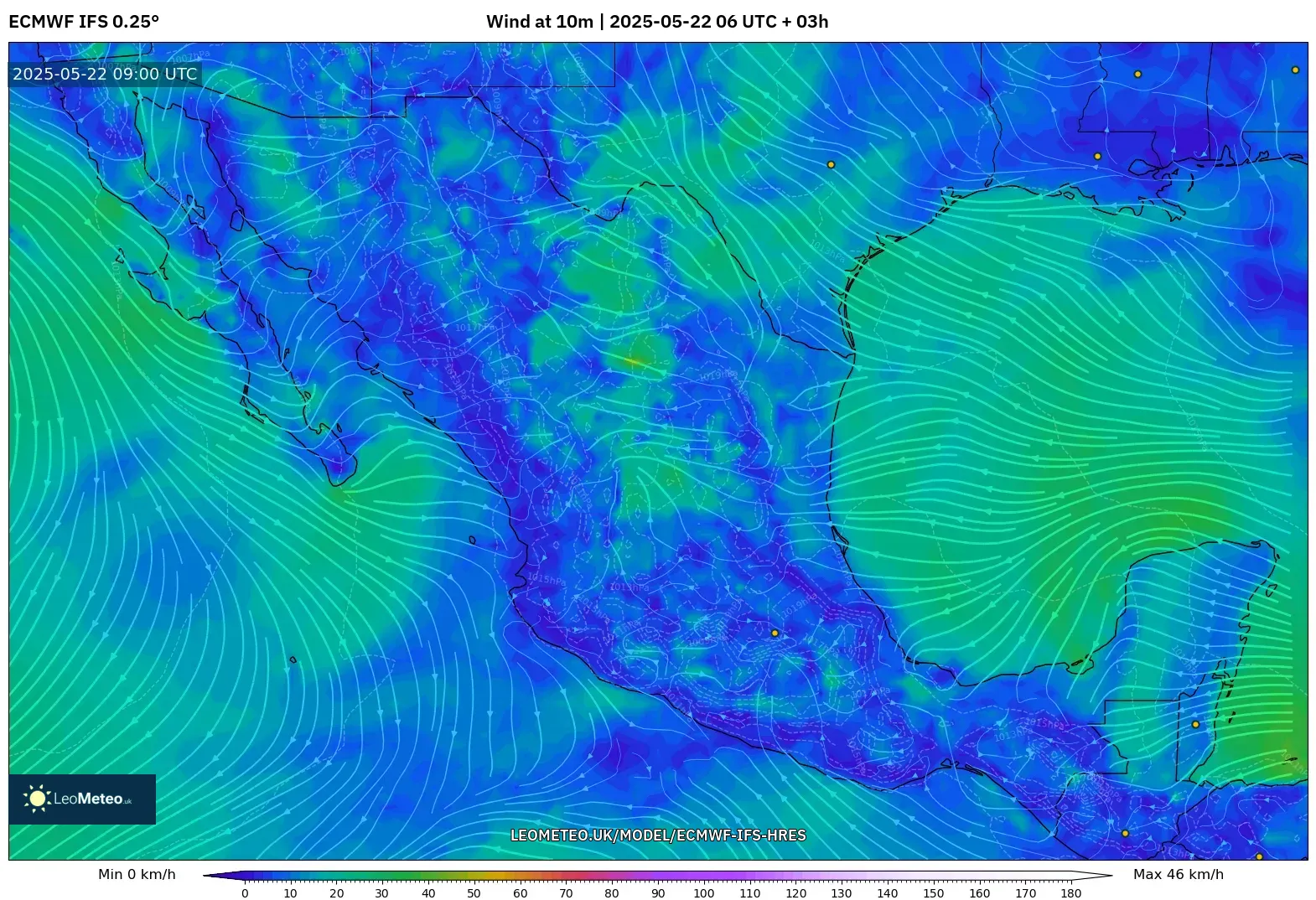 ECMWF IFS 0.25° model - Mexico, Wind at 10m