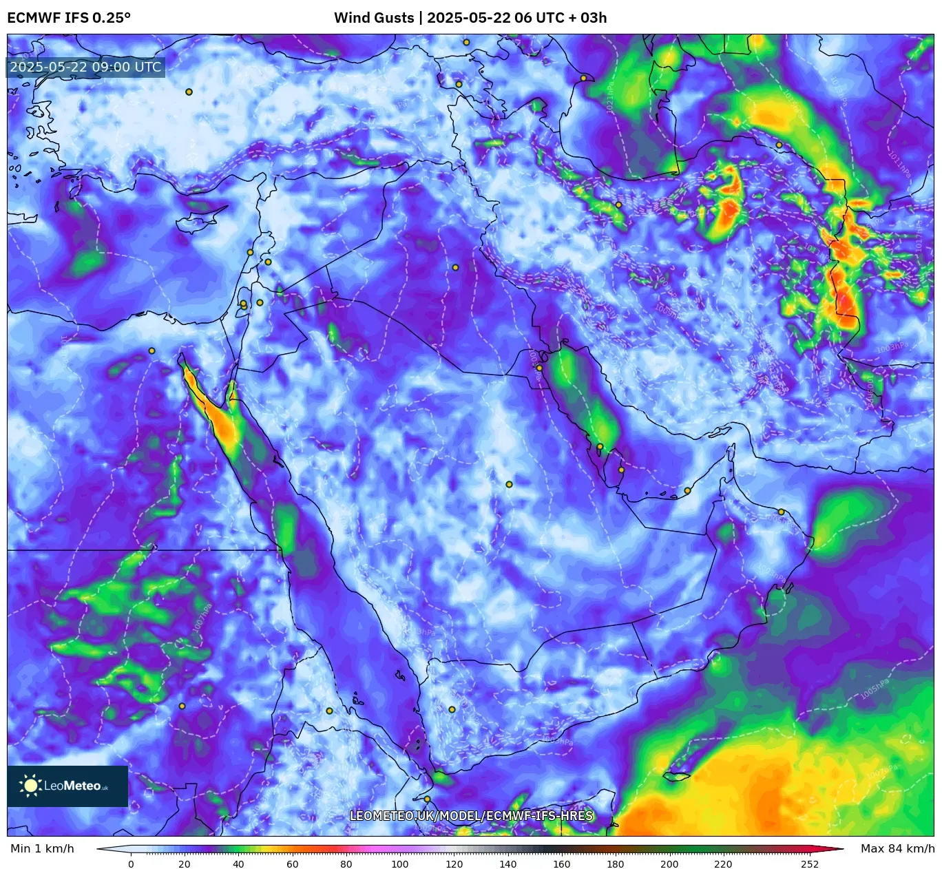 ECMWF IFS 0.25° model - Middle East, Wind Gusts ECMWF IFS 0.25° model - Middle East, Wind Gusts