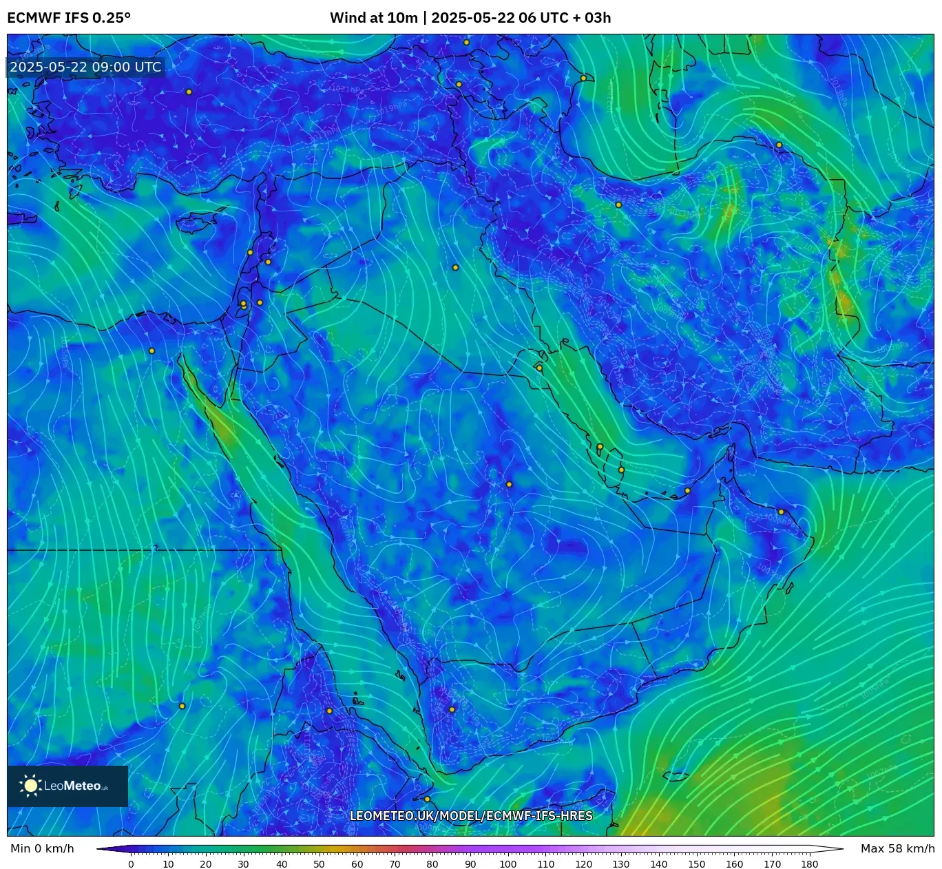 ECMWF IFS 0.25° model - Middle East, Wind at 10m
