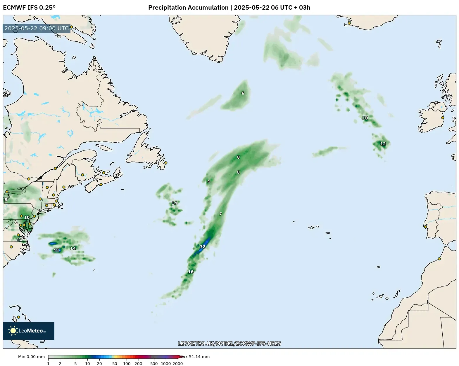 ECMWF IFS 0.25° model - North Atlantic, Precipitation Accumulation ECMWF IFS 0.25° model - North Atlantic, Precipitation Accumulation