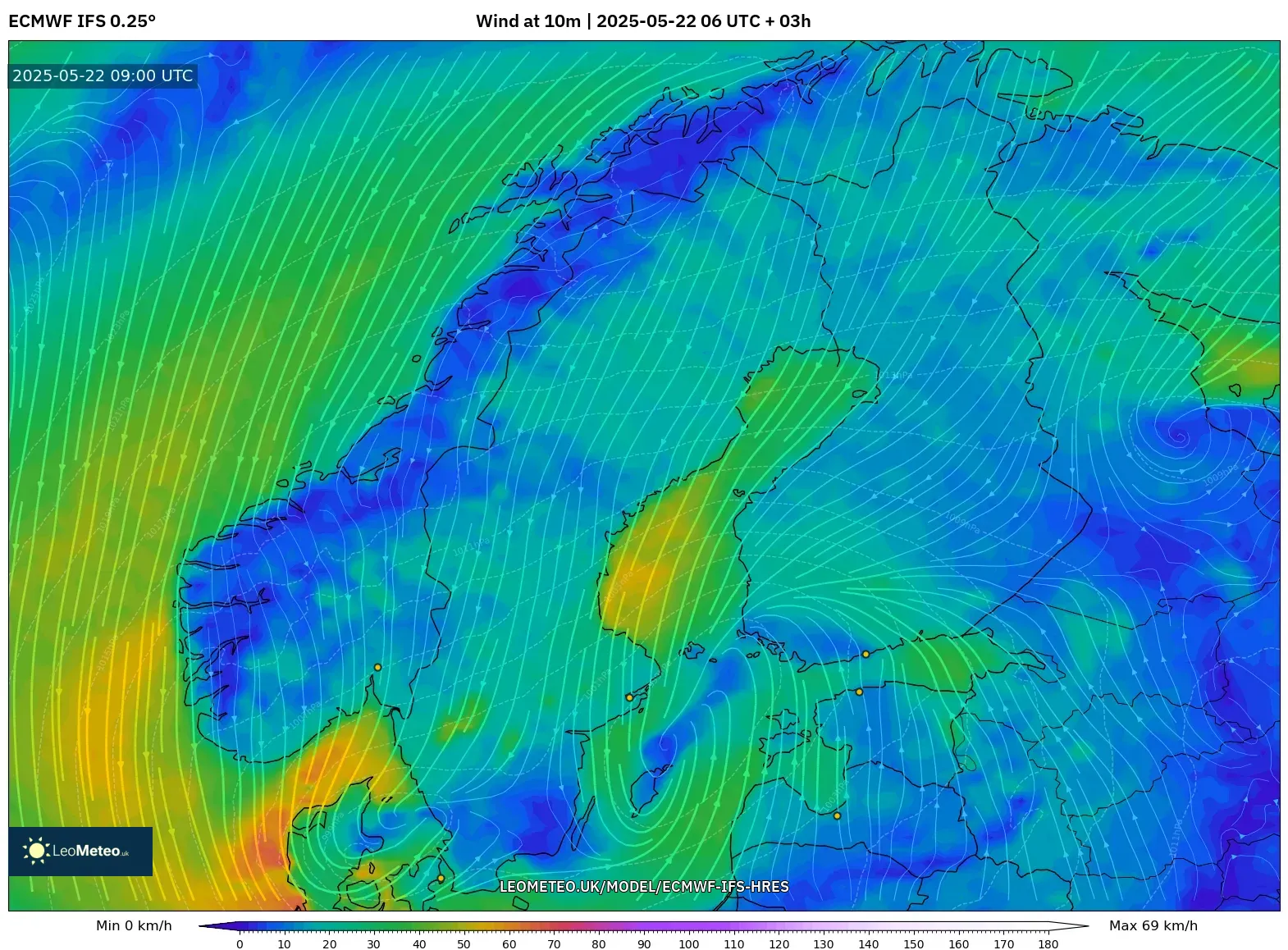 ECMWF IFS 0.25° model - Scandinavia, Wind at 10m ECMWF IFS 0.25° model - Scandinavia, Wind at 10m
