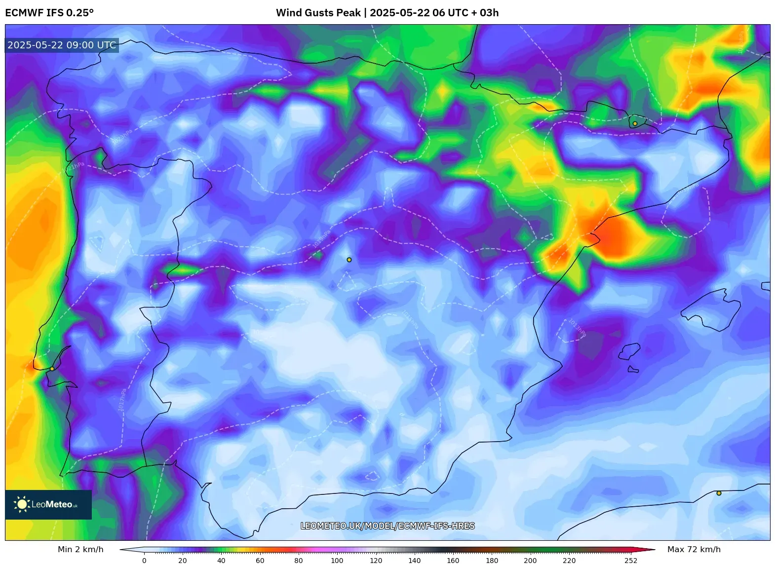 ECMWF IFS 0.25° model - Spain, Wind Gusts Peak ECMWF IFS 0.25° model - Spain, Wind Gusts Peak
