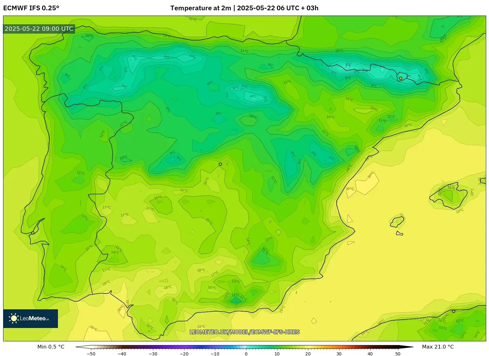 ECMWF IFS 0.25° model - Spain, Temperature at 2m ECMWF IFS 0.25° model - Spain, Temperature at 2m