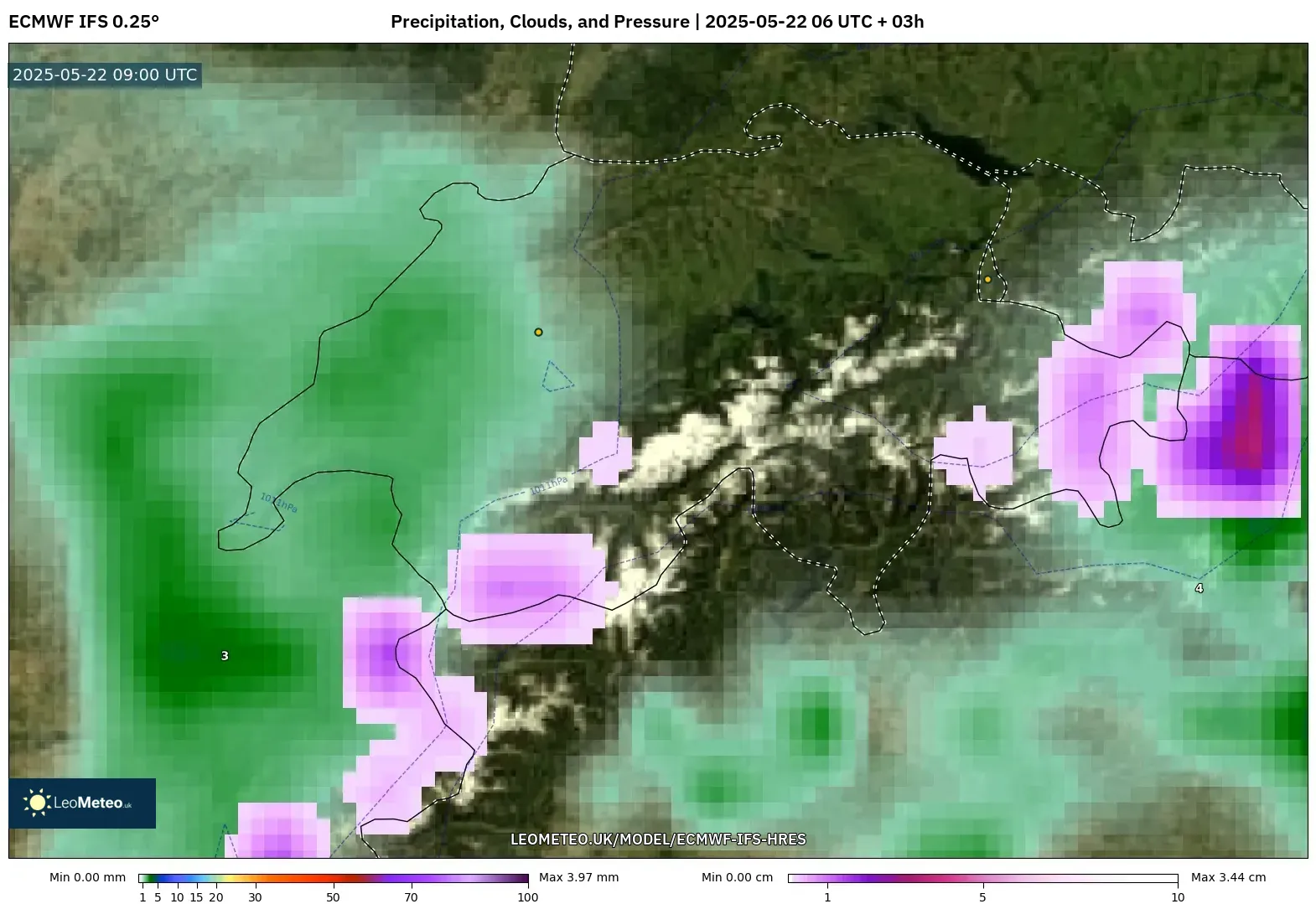 ECMWF IFS 0.25° model - Switzerland, Precipitation, Clouds, and Pressure ECMWF IFS 0.25° model - Switzerland, Precipitation, Clouds, and Pressure