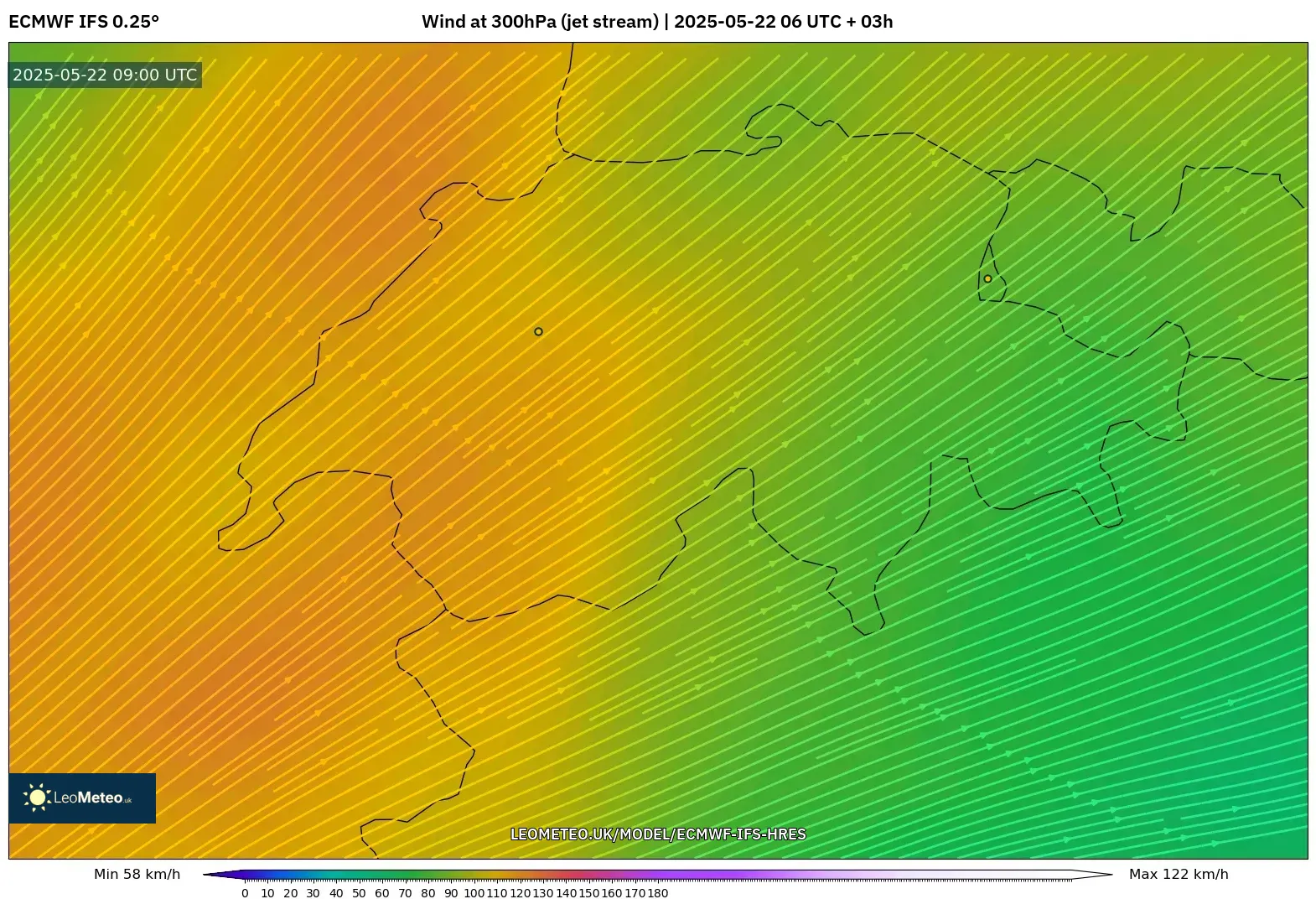 ECMWF IFS 0.25° model - Switzerland, Wind at 300hPa (jet stream) ECMWF IFS 0.25° model - Switzerland, Wind at 300hPa (jet stream)