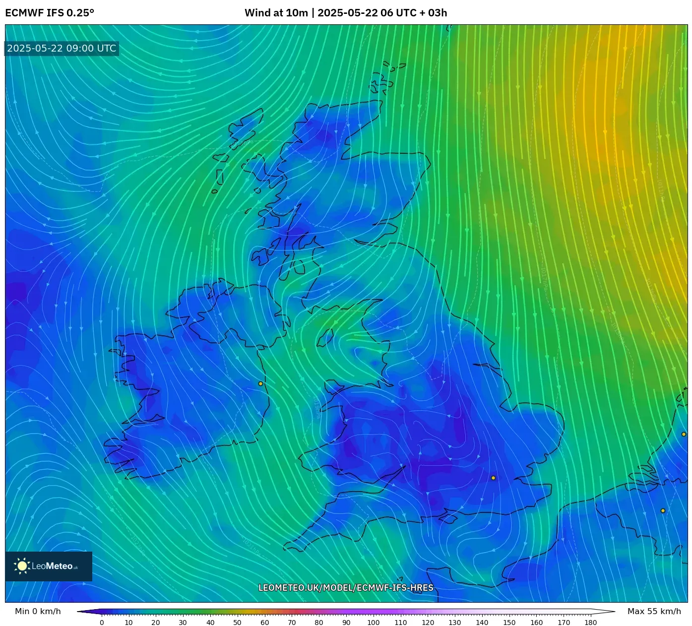ECMWF IFS 0.25° model - United Kingdom, Wind at 10m