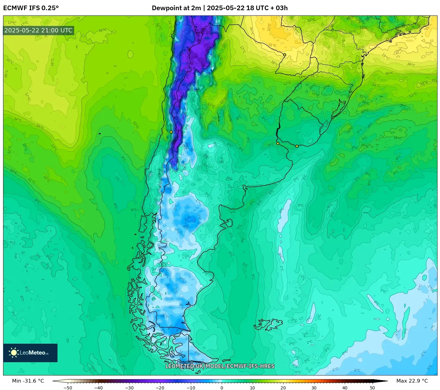 ECMWF IFS 0.25° model - Argentina, Dewpoint at 2m ECMWF IFS 0.25° model - Argentina, Dewpoint at 2m