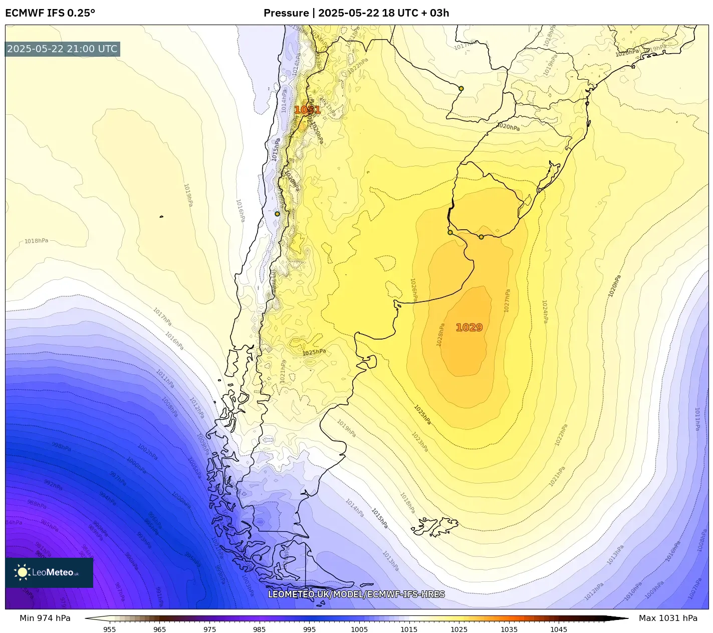 ECMWF IFS 0.25° model - Argentina, Pressure ECMWF IFS 0.25° model - Argentina, Pressure