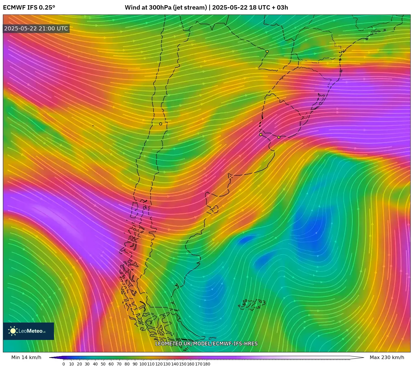 ECMWF IFS 0.25° model - Argentina, Wind at 300hPa (jet stream) ECMWF IFS 0.25° model - Argentina, Wind at 300hPa (jet stream)