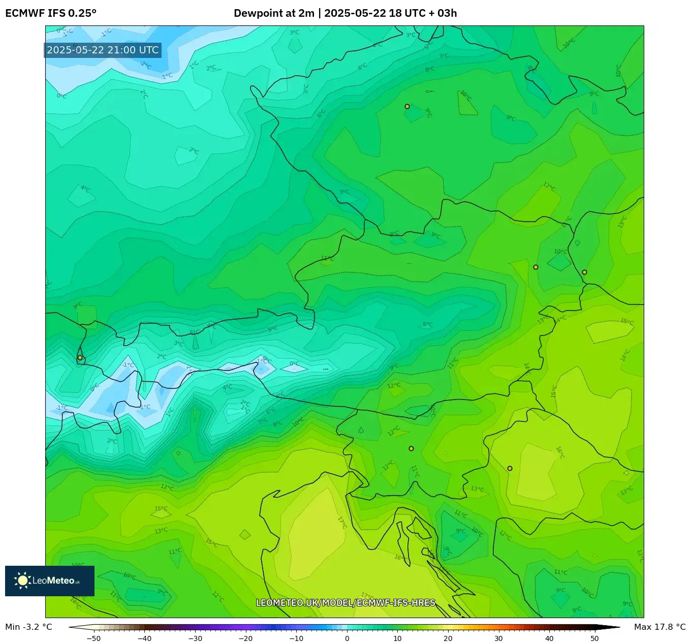 ECMWF IFS 0.25° model - Austria, Dewpoint at 2m ECMWF IFS 0.25° model - Austria, Dewpoint at 2m