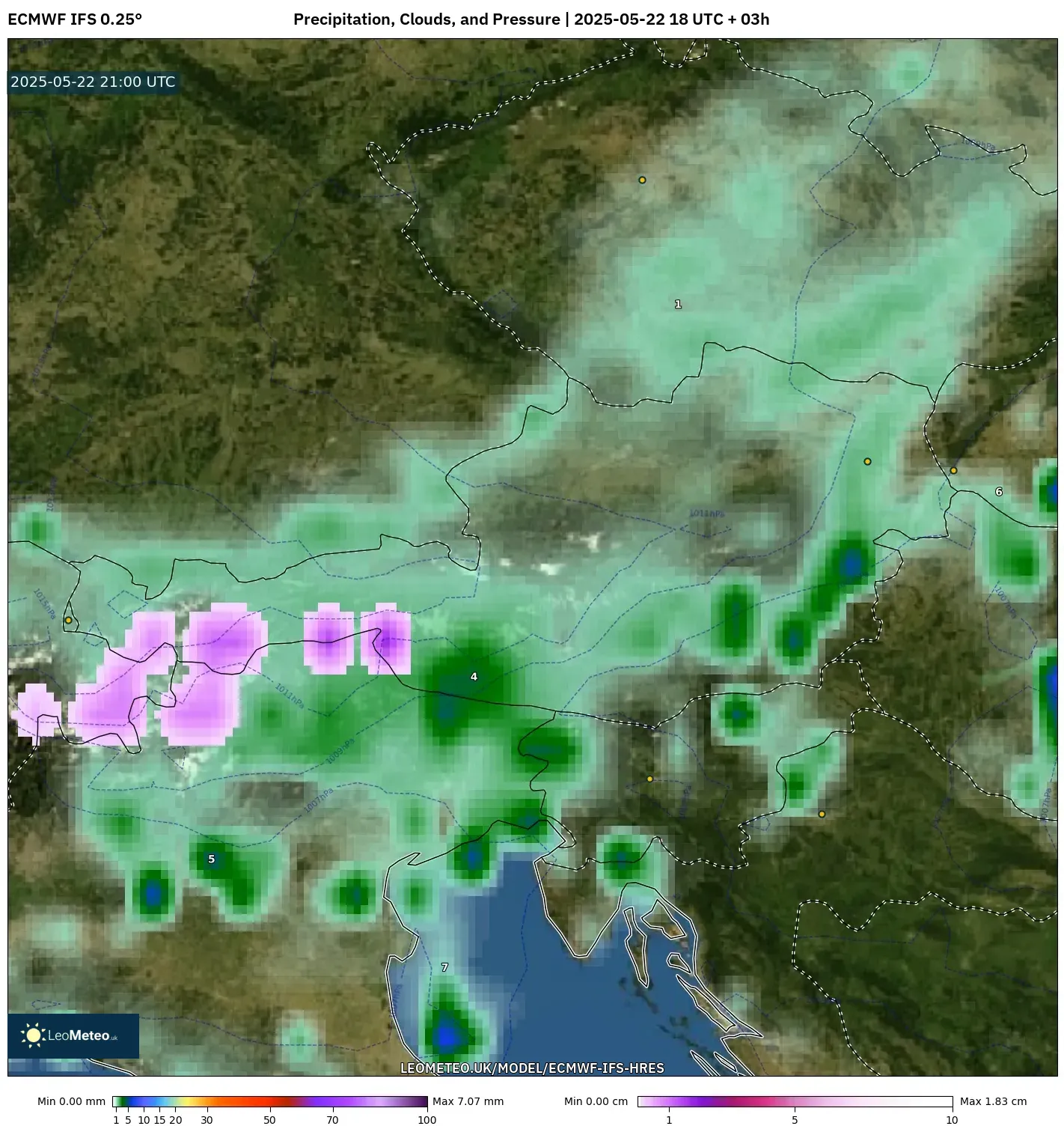 ECMWF IFS 0.25° model - Austria, Precipitation, Clouds, and Pressure ECMWF IFS 0.25° model - Austria, Precipitation, Clouds, and Pressure