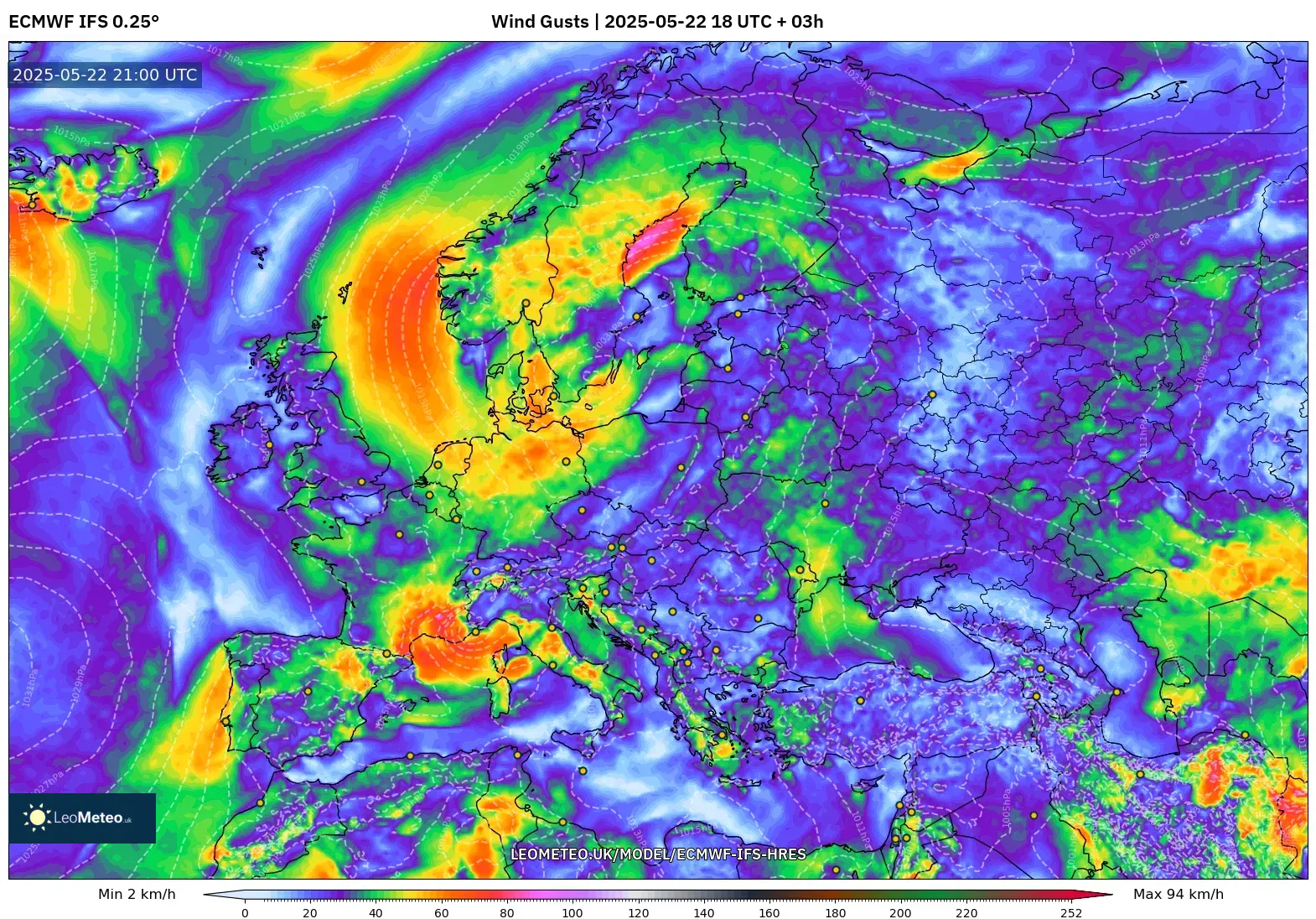 ECMWF IFS 0.25° model - Europe, Wind Gusts
