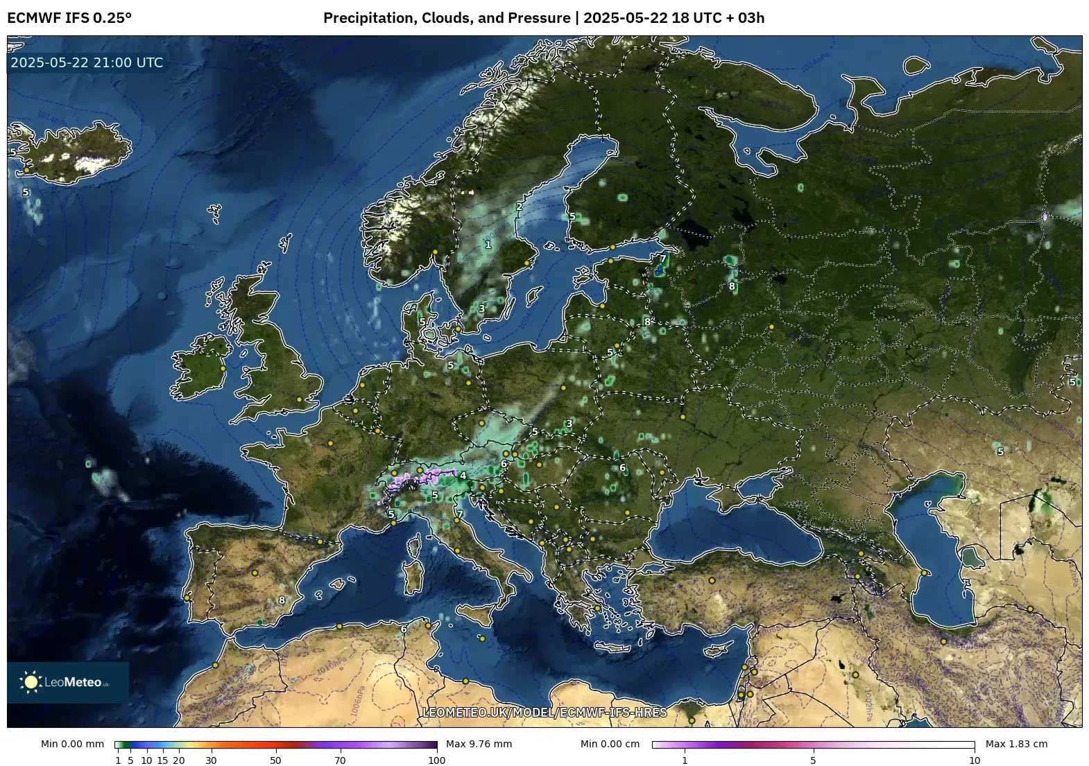 ECMWF IFS 0.25° model - Europe, Precipitation, Clouds, and Pressure