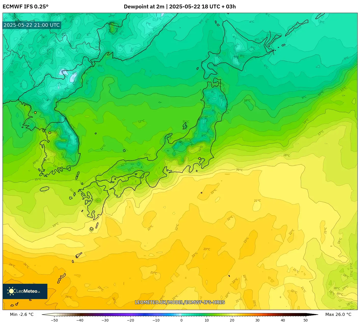 ECMWF IFS 0.25° model - Japan, Dewpoint at 2m ECMWF IFS 0.25° model - Japan, Dewpoint at 2m