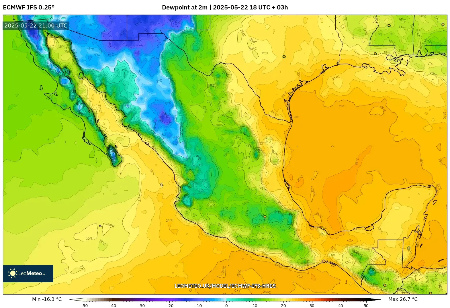 ECMWF IFS 0.25° model - Mexico, Dewpoint at 2m ECMWF IFS 0.25° model - Mexico, Dewpoint at 2m