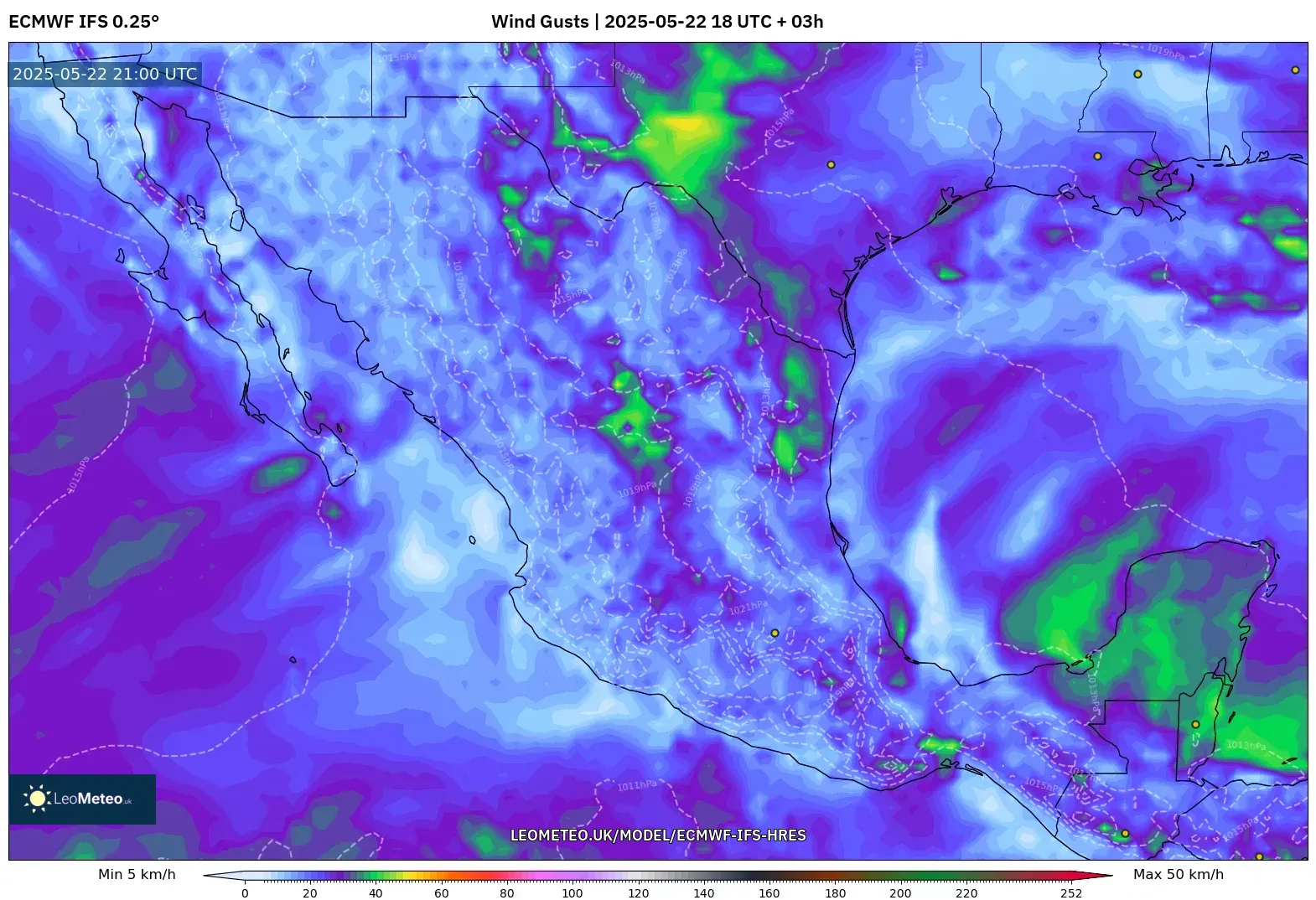 ECMWF IFS 0.25° model - Mexico, Wind Gusts ECMWF IFS 0.25° model - Mexico, Wind Gusts