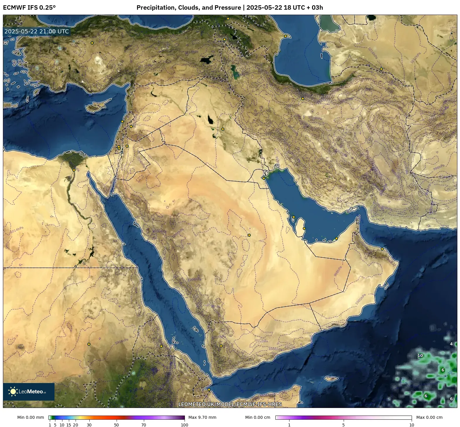 ECMWF IFS 0.25° model - Middle East, Precipitation, Clouds, and Pressure ECMWF IFS 0.25° model - Middle East, Precipitation, Clouds, and Pressure