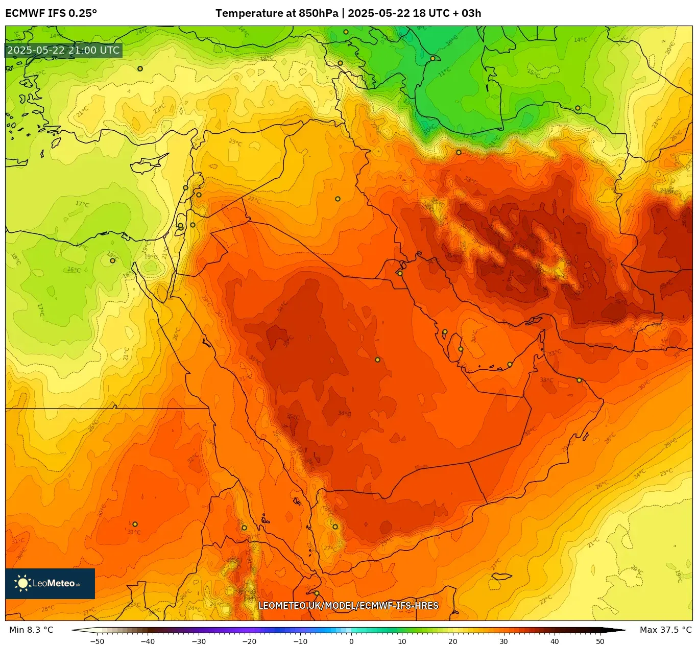 ECMWF IFS 0.25° model - Middle East, Temperature at 850hPa ECMWF IFS 0.25° model - Middle East, Temperature at 850hPa