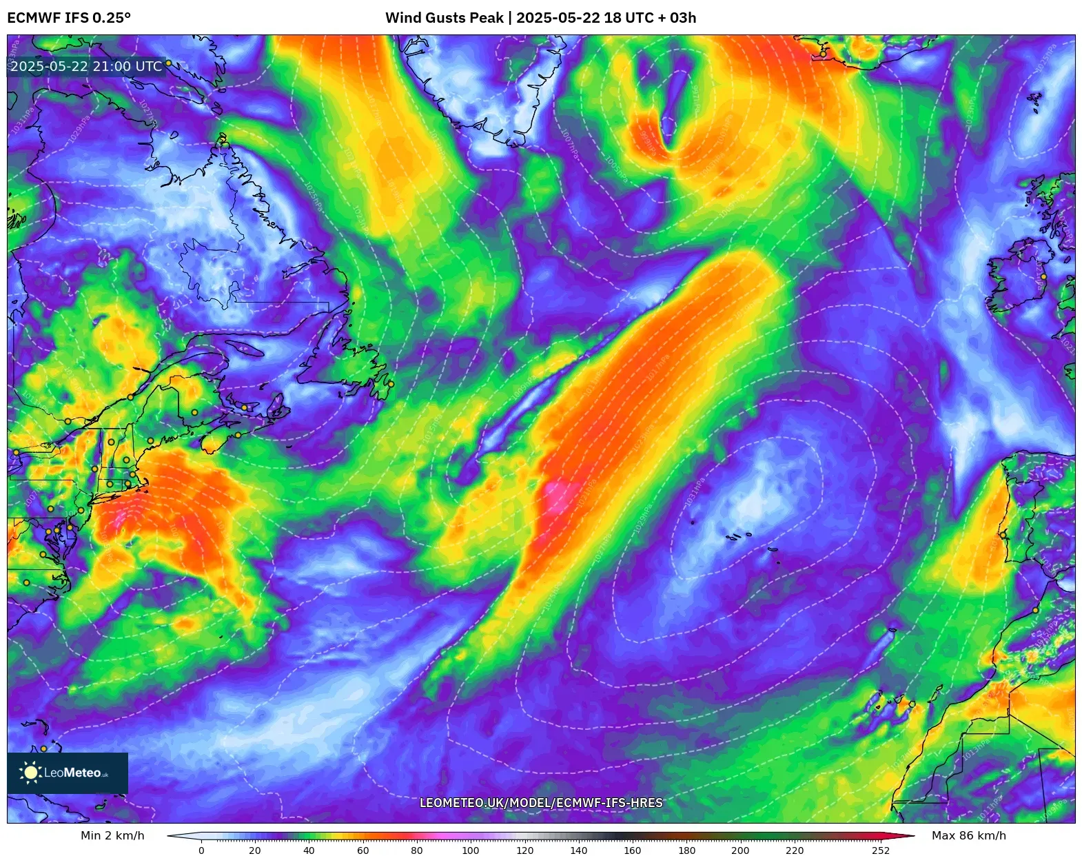 ECMWF IFS 0.25° model - North Atlantic, Wind Gusts Peak ECMWF IFS 0.25° model - North Atlantic, Wind Gusts Peak