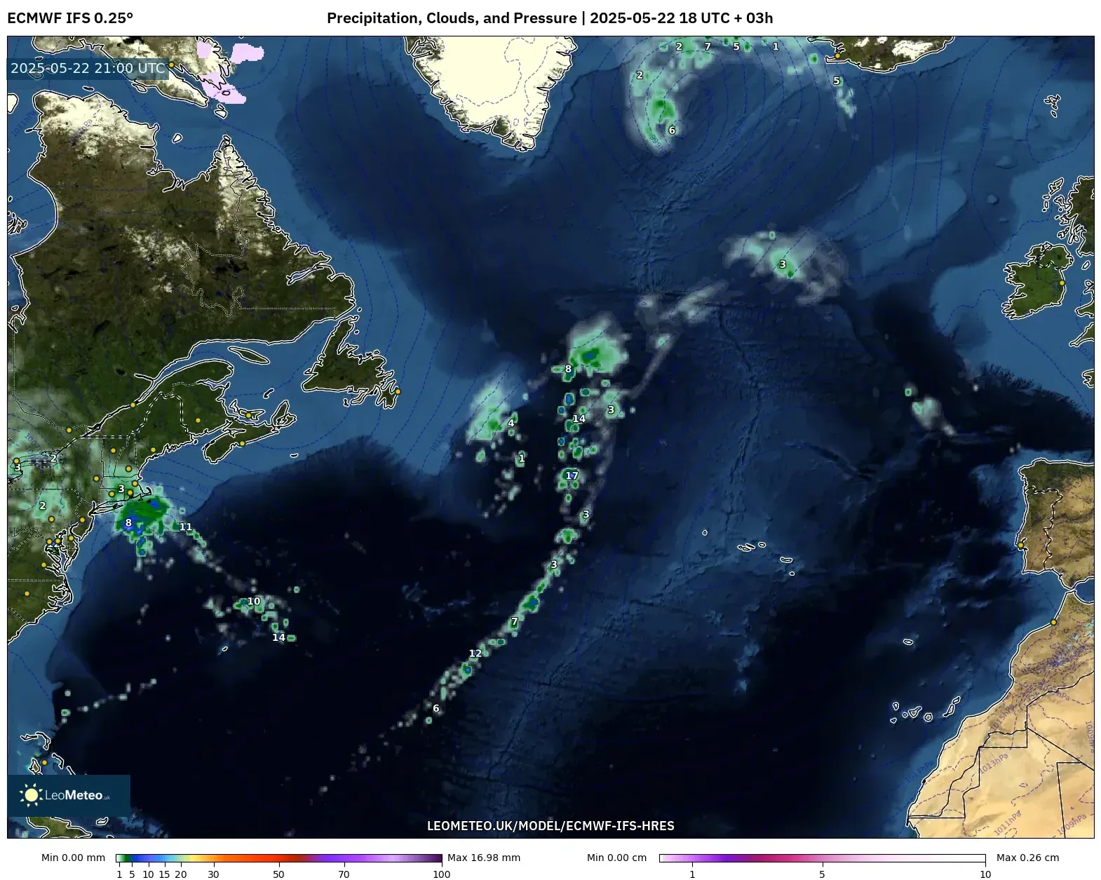 ECMWF IFS 0.25° model - North Atlantic, Precipitation, Clouds, and Pressure ECMWF IFS 0.25° model - North Atlantic, Precipitation, Clouds, and Pressure