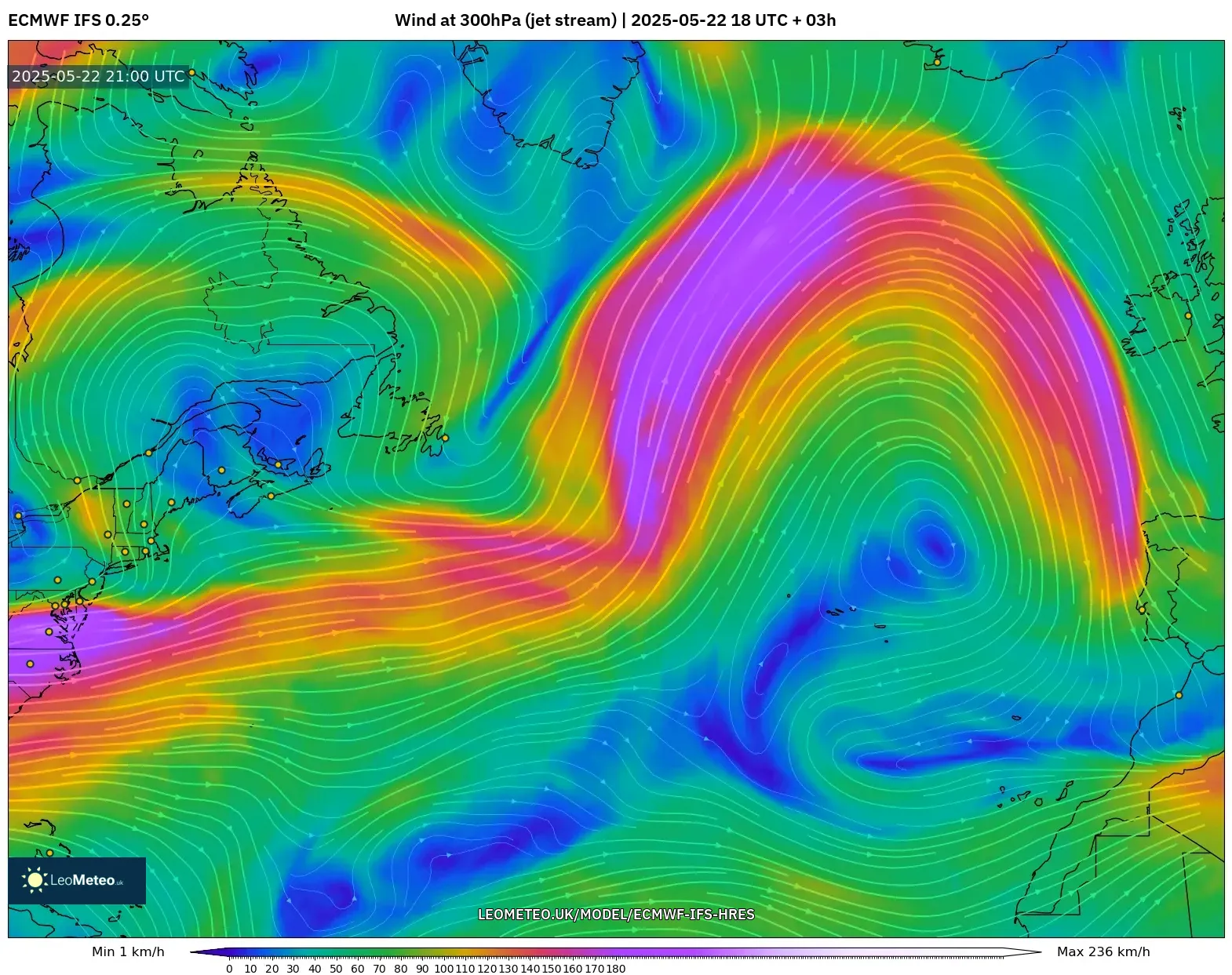 ECMWF IFS 0.25° model - North Atlantic, Wind at 300hPa (jet stream) ECMWF IFS 0.25° model - North Atlantic, Wind at 300hPa (jet stream)