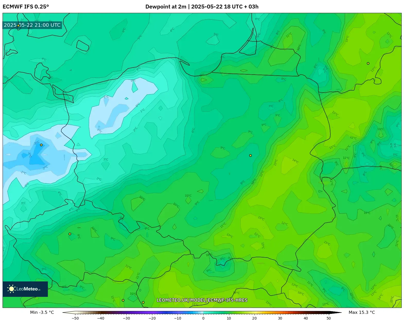 ECMWF IFS 0.25° model - Poland, Dewpoint at 2m ECMWF IFS 0.25° model - Poland, Dewpoint at 2m
