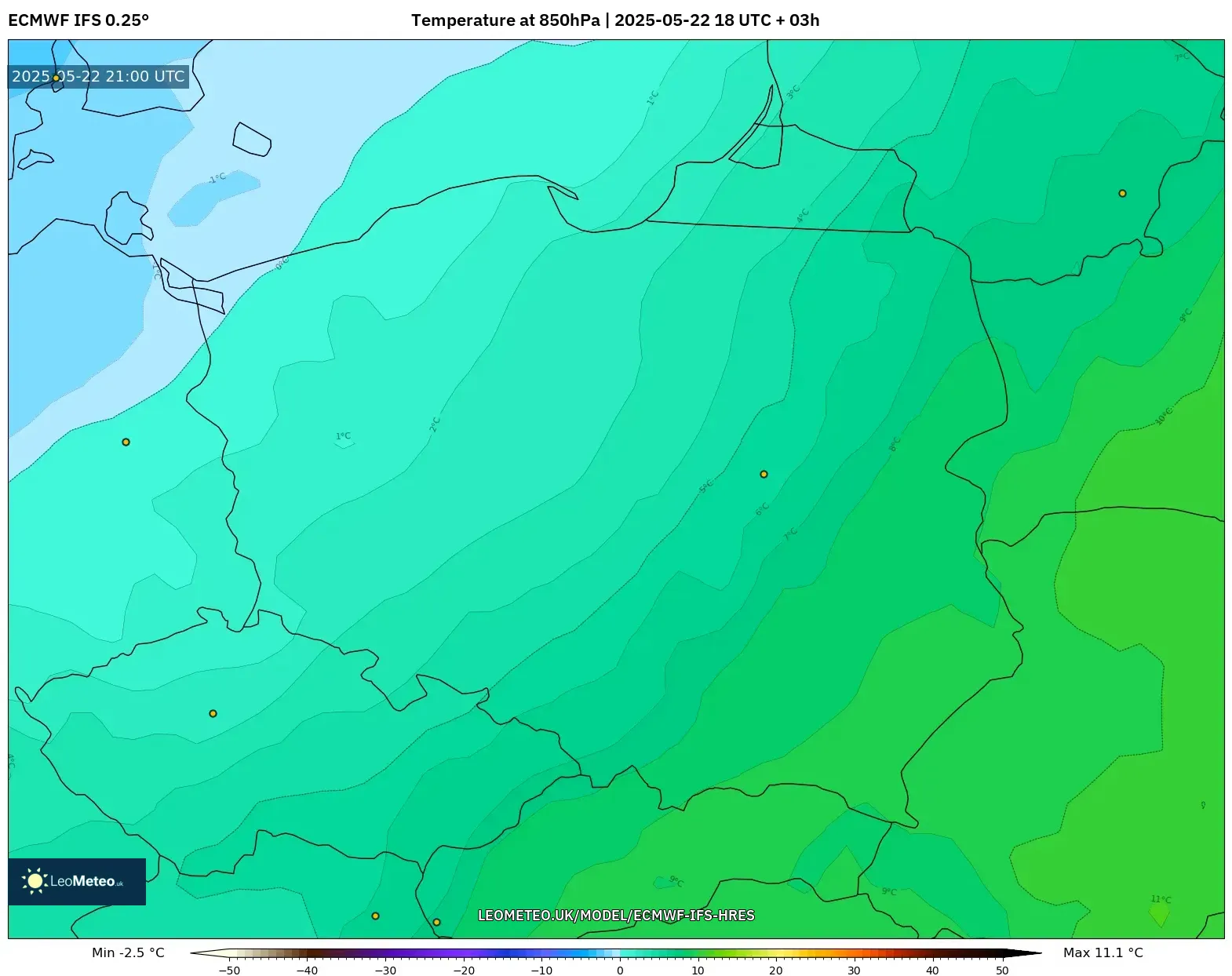ECMWF IFS 0.25° model - Poland, Temperature at 850hPa ECMWF IFS 0.25° model - Poland, Temperature at 850hPa