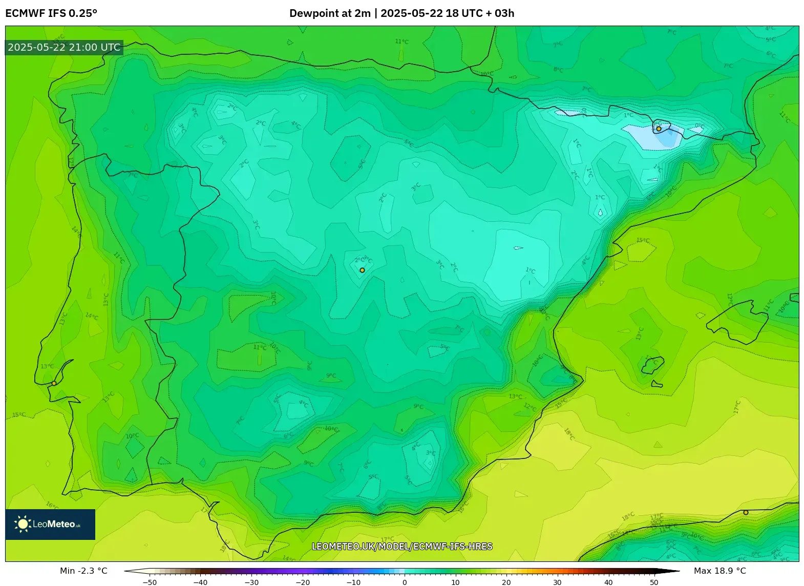 ECMWF IFS 0.25° model - Spain, Dewpoint at 2m ECMWF IFS 0.25° model - Spain, Dewpoint at 2m