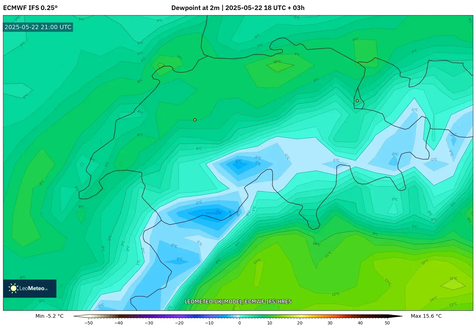 ECMWF IFS 0.25° model - Switzerland, Dewpoint at 2m ECMWF IFS 0.25° model - Switzerland, Dewpoint at 2m