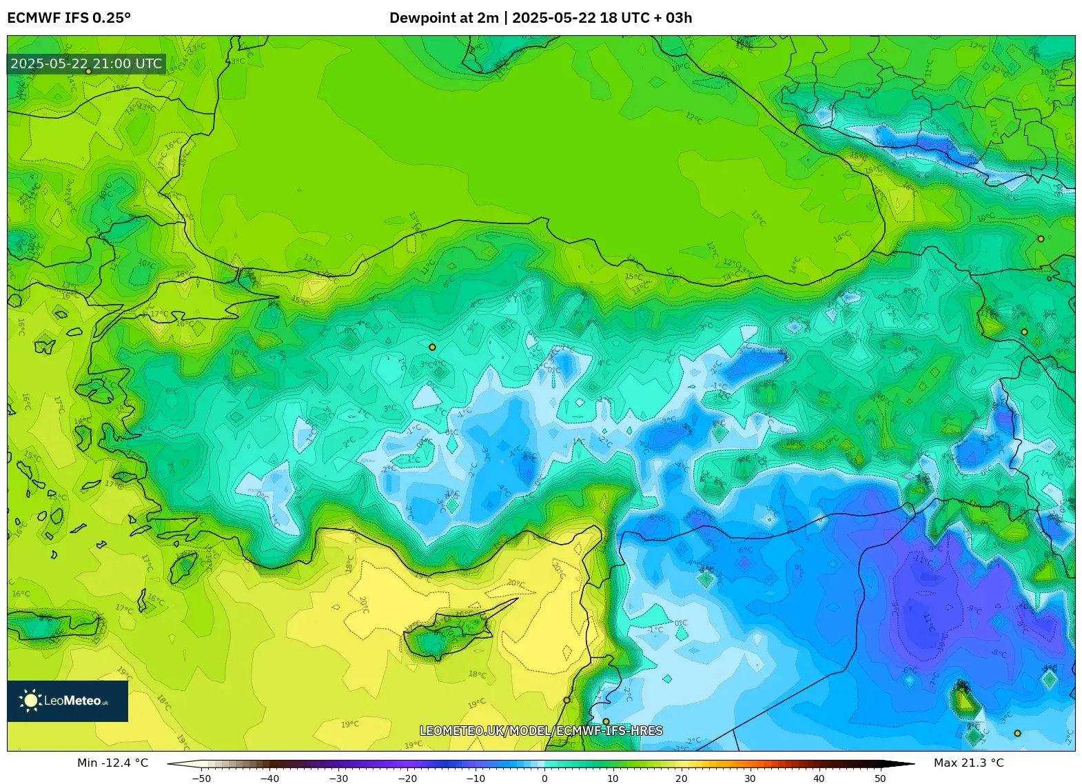 ECMWF IFS 0.25° model - Turkey, Dewpoint at 2m ECMWF IFS 0.25° model - Turkey, Dewpoint at 2m
