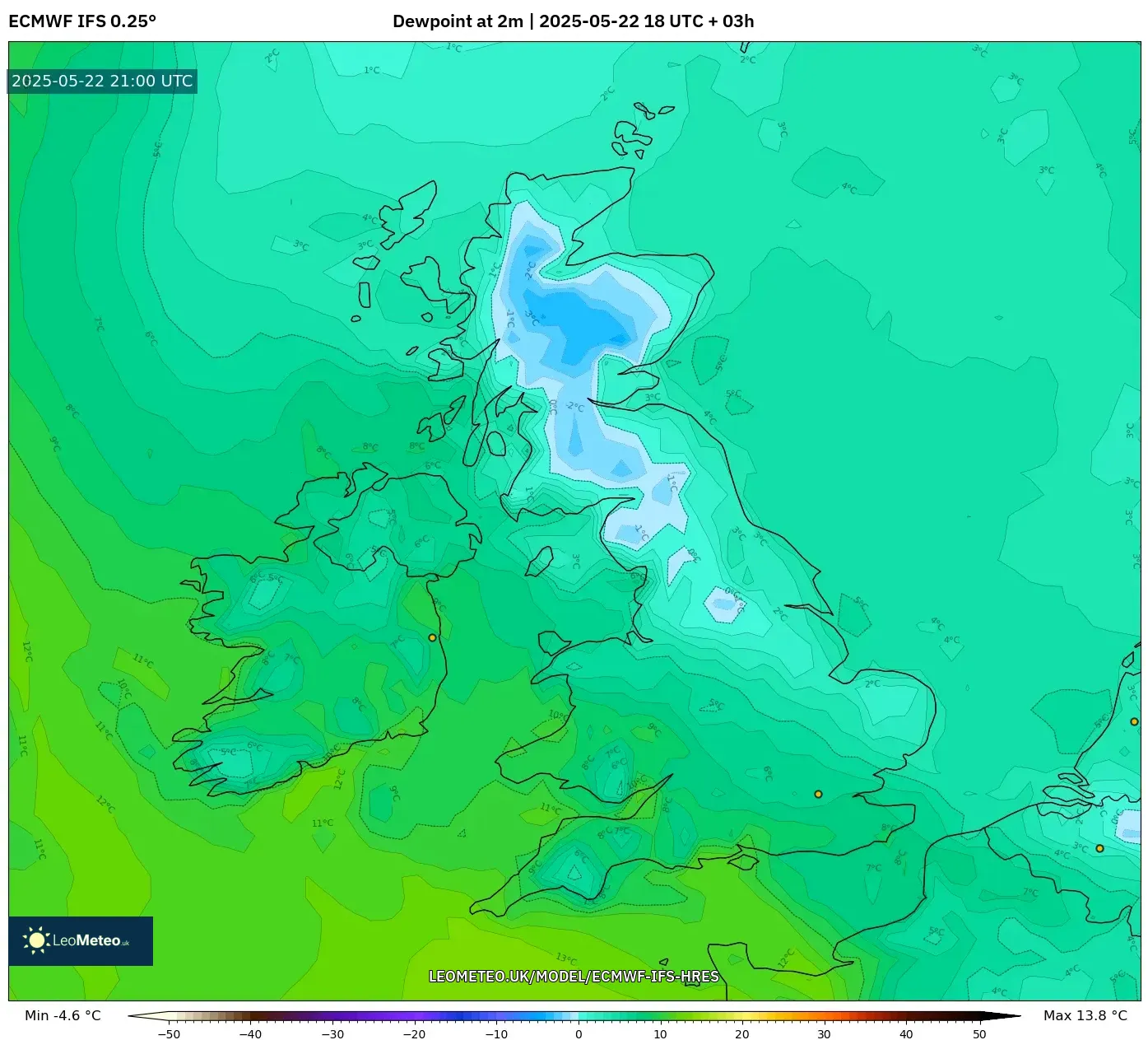 ECMWF IFS 0.25° model - United Kingdom, Dewpoint at 2m ECMWF IFS 0.25° model - United Kingdom, Dewpoint at 2m