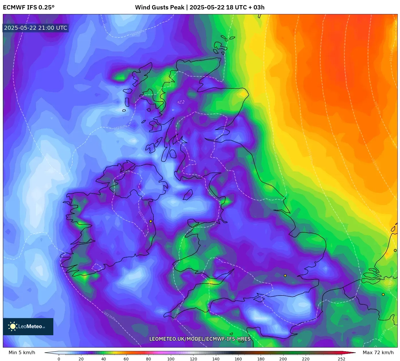 ECMWF IFS 0.25° model - United Kingdom, Wind Gusts Peak ECMWF IFS 0.25° model - United Kingdom, Wind Gusts Peak