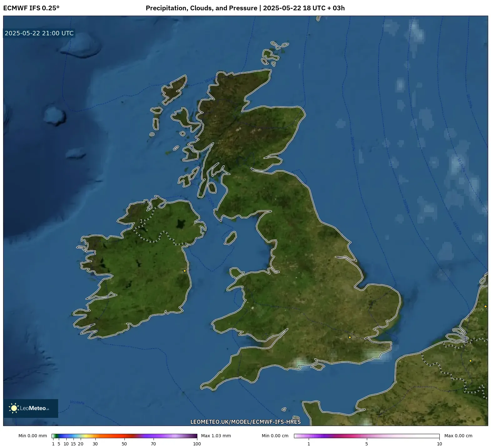 ECMWF IFS 0.25° model - United Kingdom, Precipitation, Clouds, and Pressure ECMWF IFS 0.25° model - United Kingdom, Precipitation, Clouds, and Pressure
