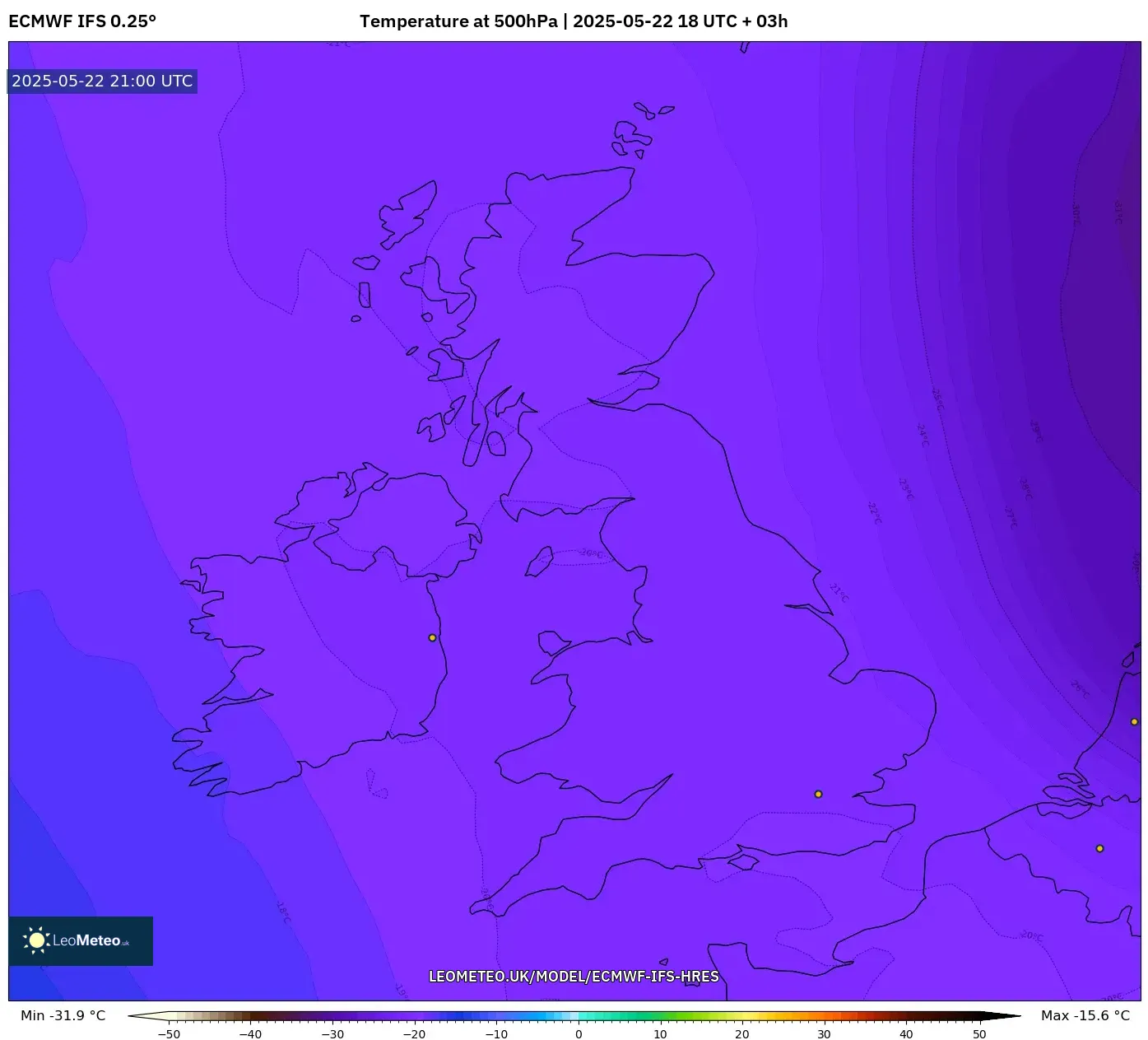 ECMWF IFS 0.25° model - United Kingdom, Temperature at 500hPa ECMWF IFS 0.25° model - United Kingdom, Temperature at 500hPa