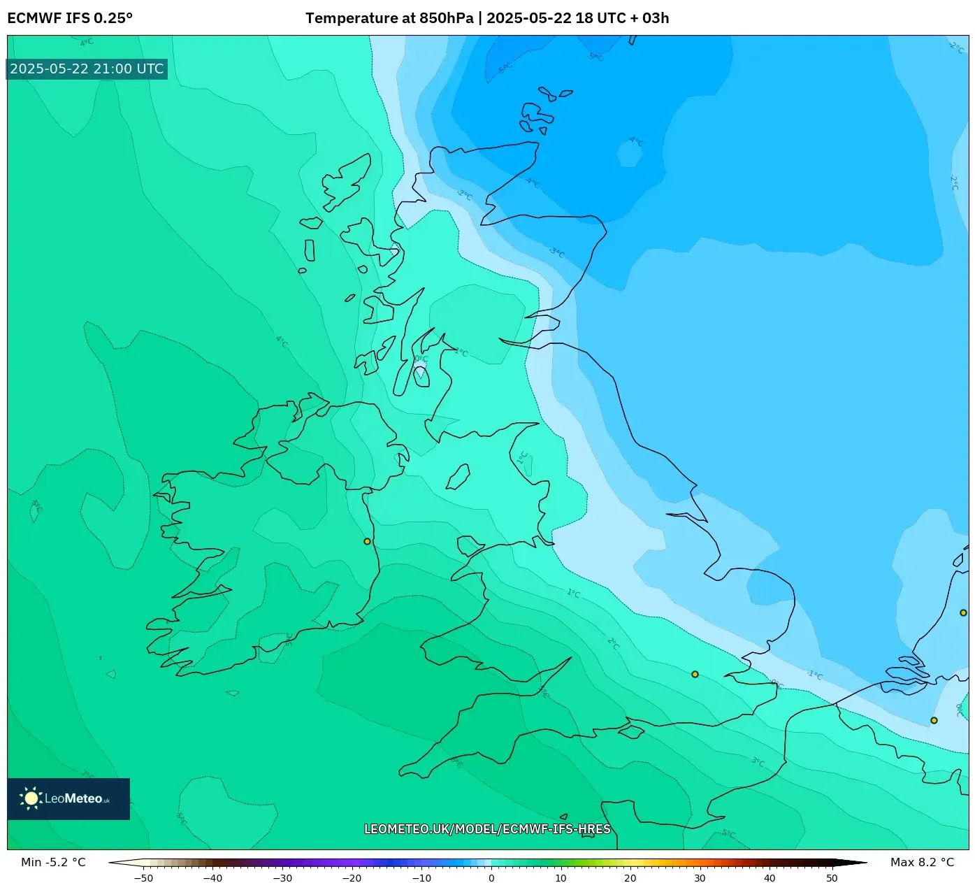 ECMWF IFS 0.25° model - United Kingdom, Temperature at 850hPa ECMWF IFS 0.25° model - United Kingdom, Temperature at 850hPa