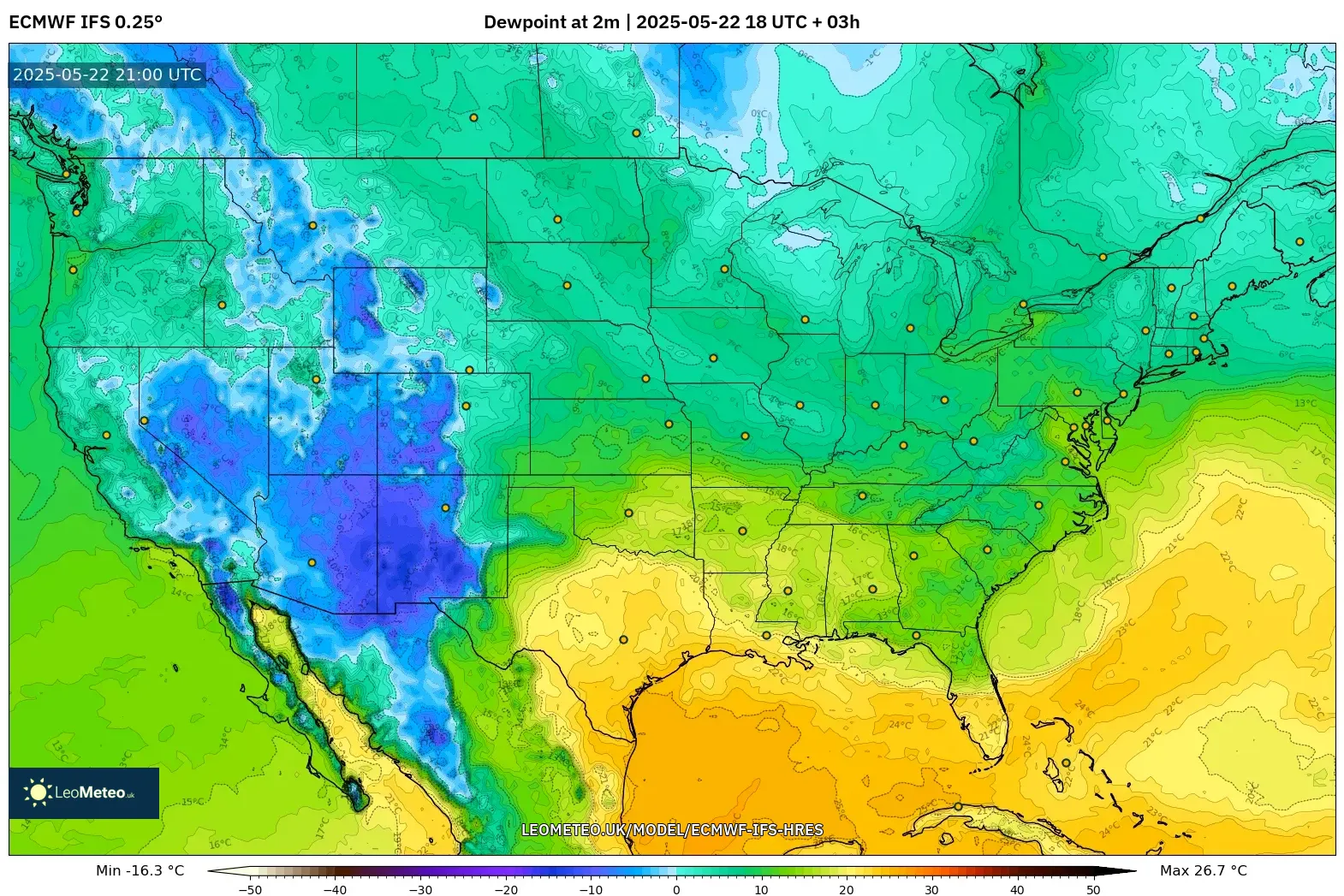 ECMWF IFS 0.25° model - United States, Dewpoint at 2m ECMWF IFS 0.25° model - United States, Dewpoint at 2m