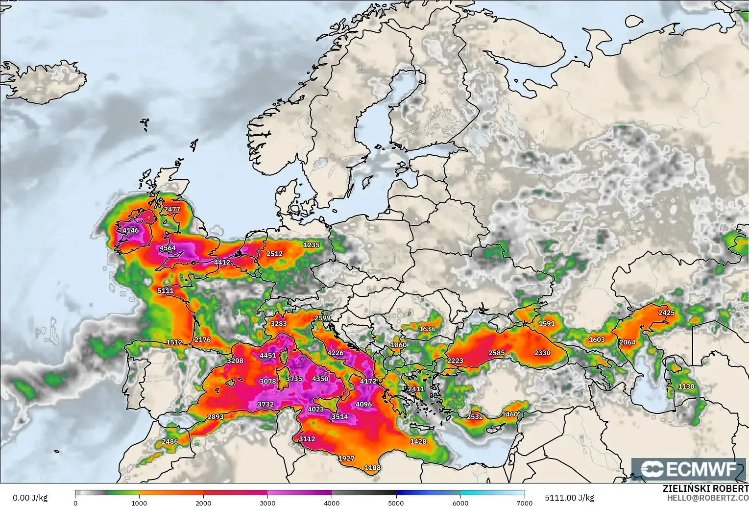 ECMWF IFS 0.25° model - Europe, CAPE