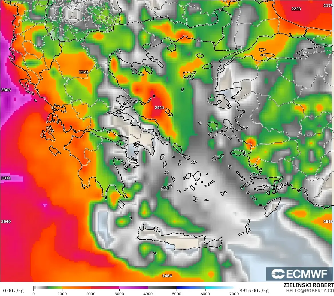 ECMWF IFS 0.25° model - Greece, CAPE