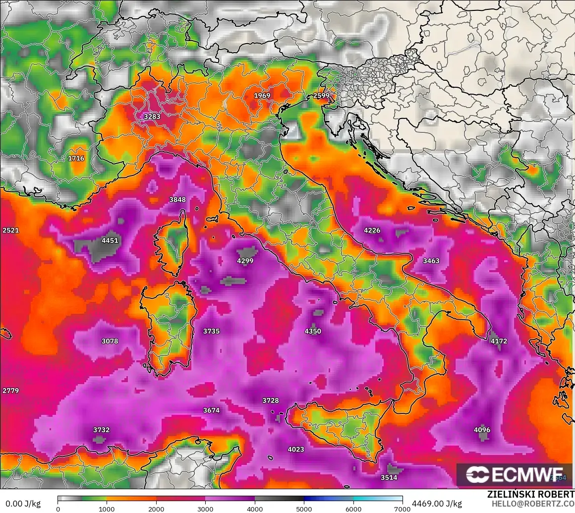 ECMWF IFS 0.25° model - Italy, CAPE
