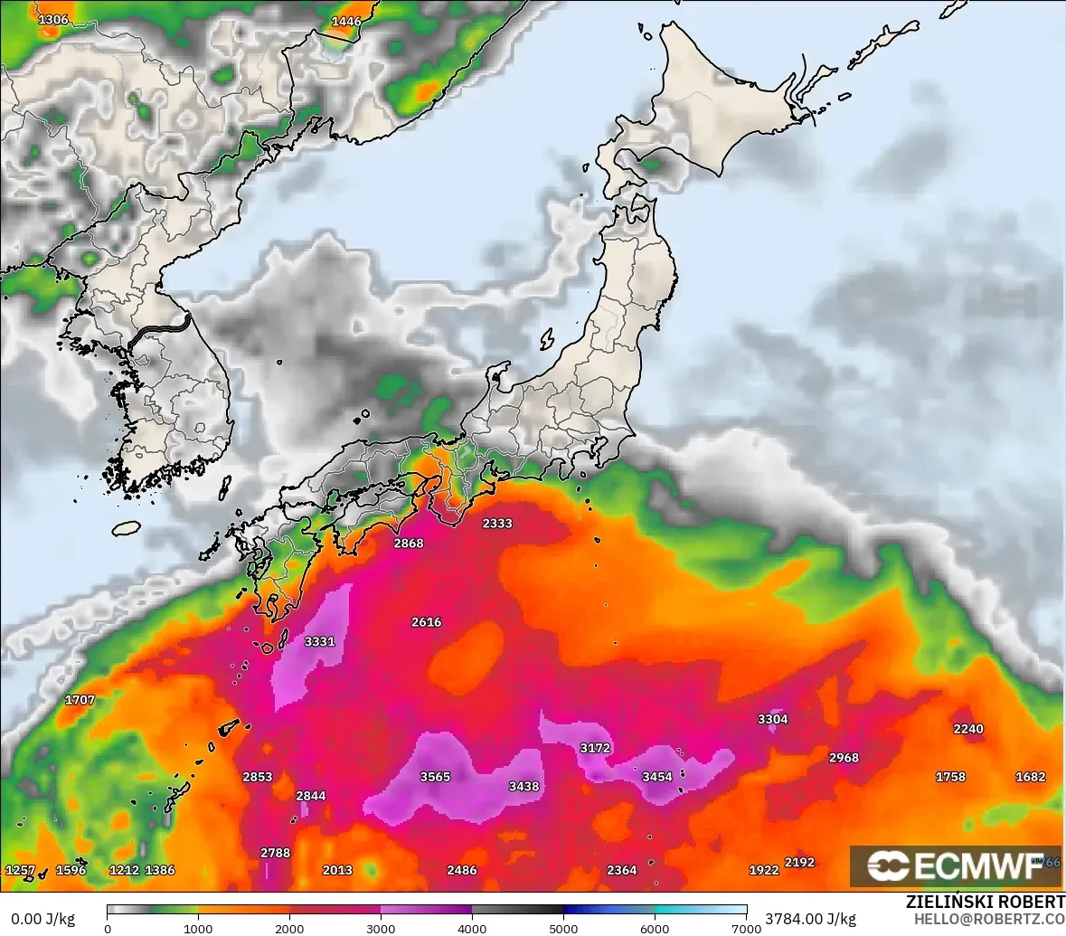 ECMWF IFS 0.25° model - Japan, CAPE