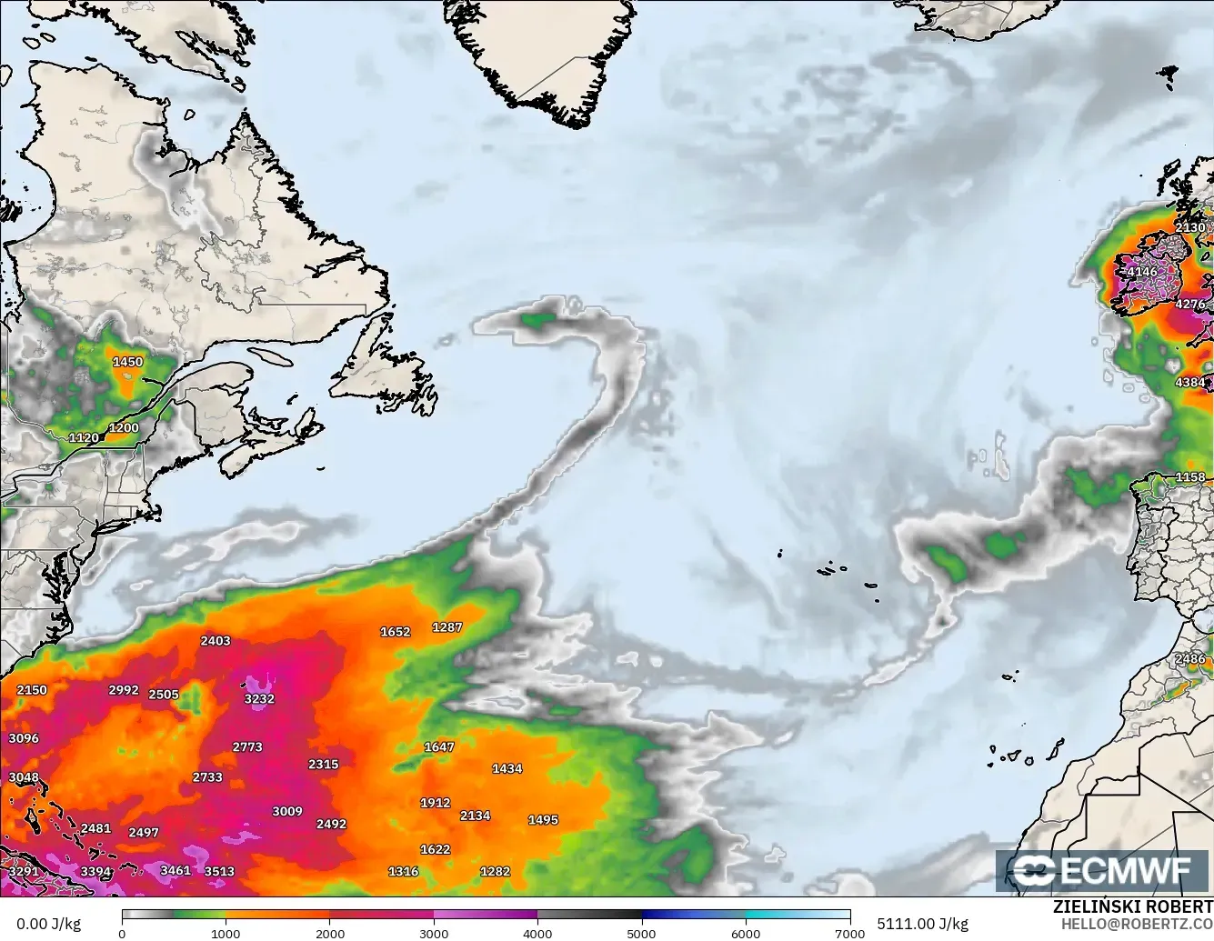 ECMWF IFS 0.25° model - North Atlantic, CAPE