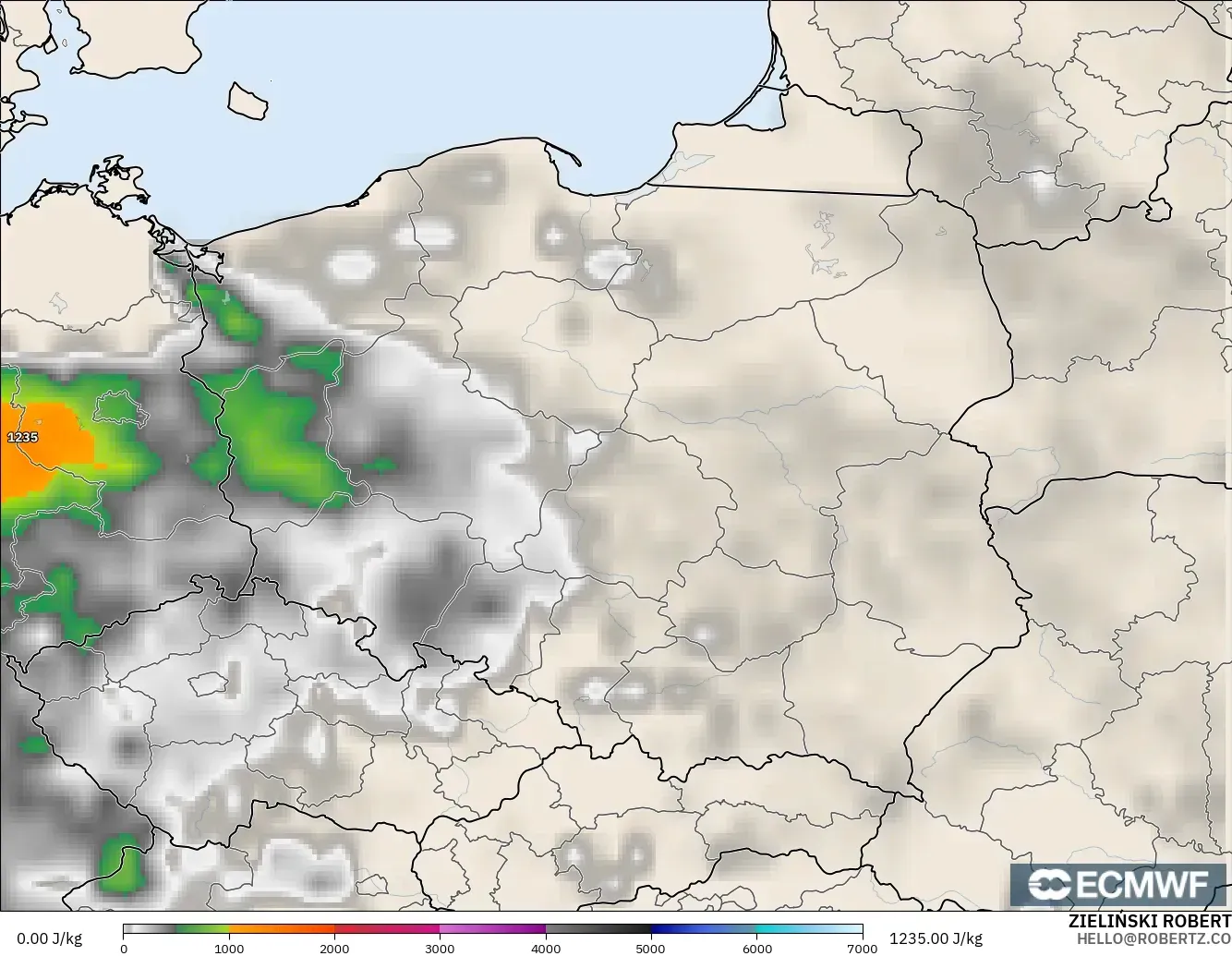ECMWF IFS 0.25° model - Poland, CAPE